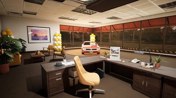 Screenshot from Car Dealer Simulator showing a showroom with a red car, desk, chair, and balloons in a sunlit room.
