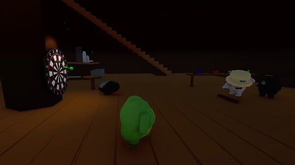 Screenshot from Sledding Game showing colorful characters in a dimly lit room with a dartboard and scattered objects.