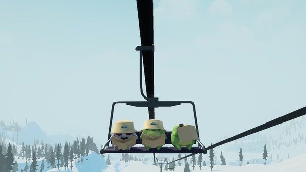 Screenshot from Sledding Game showing three cartoon characters in hats riding a ski lift over snowy mountains and pine trees.