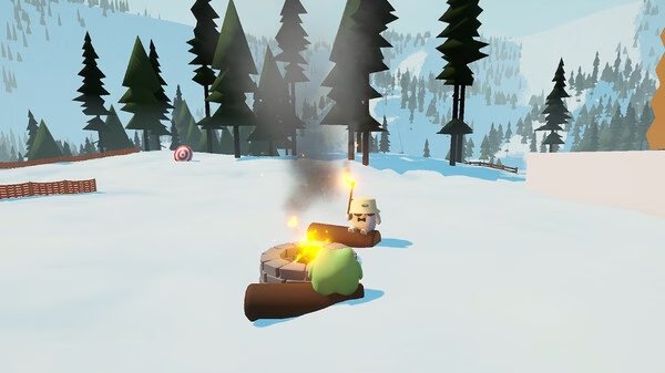 Sledding Game screenshot showing two characters sitting on logs around a campfire, surrounded by snow and pine trees.