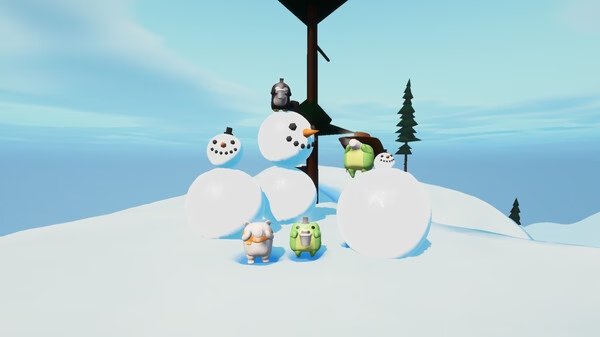 Sledding Game screenshot: Characters stand on snow piles, surrounded by snowmen, against a bright sky and snowy landscape.