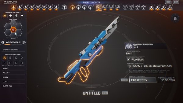 M.A.S.S. Builder screenshot: A futuristic energy shooter weapon is displayed in the customization menu with stats and options visible.