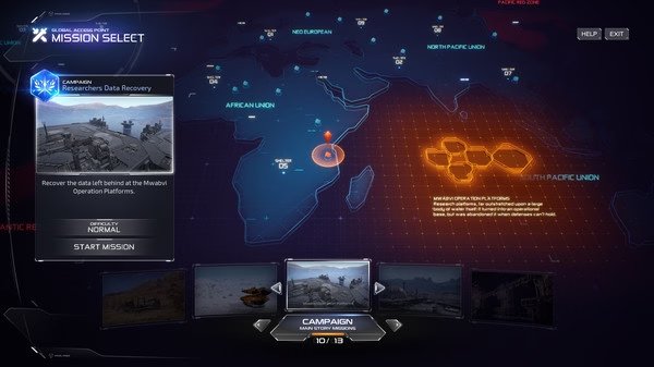 Screenshot from M.A.S.S. Builder showing mission select screen with a world map highlighting East Asia for data recovery.