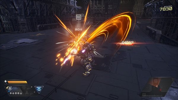 Screenshot from M.A.S.S. Builder showing a mecha launching an orange energy attack on an opponent in a futuristic arena.