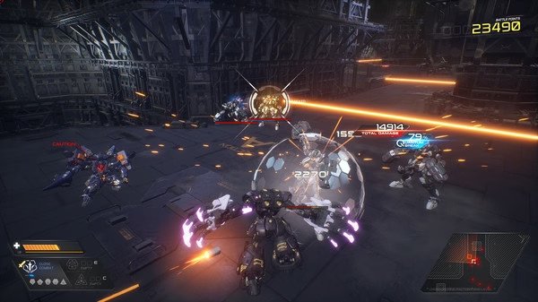 Screenshot from M.A.S.S. Builder showing mechs in combat on a futuristic battleground with glowing weapons and health indicators.