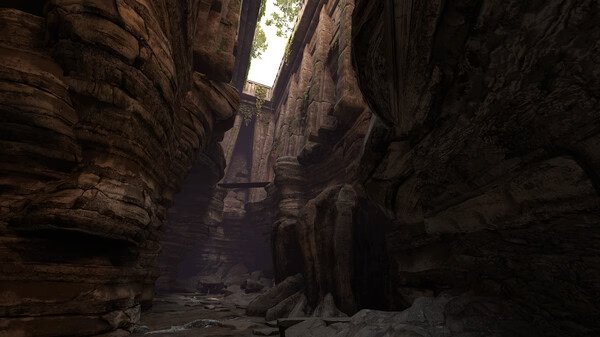 Screenshot from Blade and Sorcery showing a deep canyon with layered rock formations and a wooden bridge under a bright sky.
