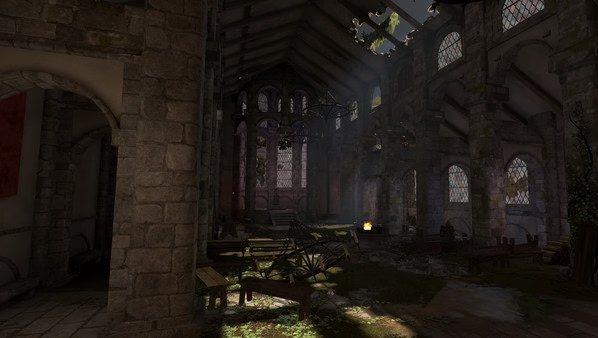 Blade and Sorcery screenshot: A detailed medieval hall with arched windows, stone walls, and scattered wooden debris. Sunlight streams in.