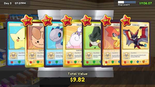 Screenshot of TCG Card Shop Simulator showing seven cards on display with a total value of $9.82.