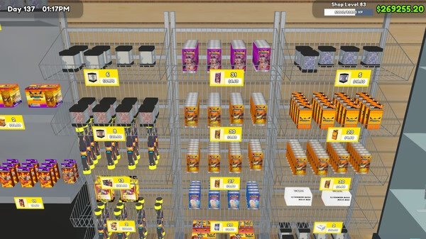 Screenshot from TCG Card Shop Simulator showing shelves stocked with various trading card boxes and booster packs.