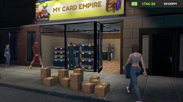 Screenshot from TCG Card Shop Simulator showing a storefront with boxes outside and people walking by on the street.
