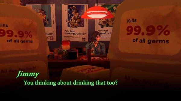 Screenshot from Mouthwashing: Jimmy sits at a bar surrounded by posters and products claiming to kill 99.9% of germs.