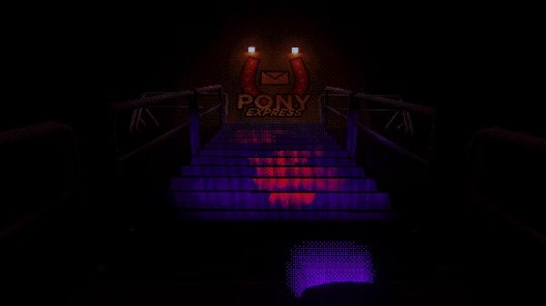 Screenshot of the game Mouthwashing: A glowing purple staircase leads to a wall with a Pony Express logo illuminated by two lights.