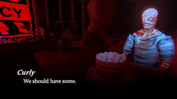 Screenshot from Mouthwashing: A bandaged character named Curly sits at a table with a cake in a dark, eerie setting.