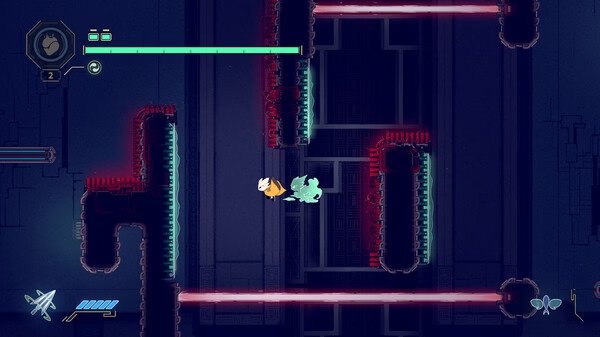 Screenshot from Nine Sols showing a character navigating a futuristic maze with glowing red and blue elements.