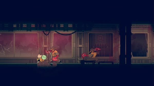 Screenshot from Nine Sols showing a character battling two enemies in a dimly lit corridor with glowing red windows.