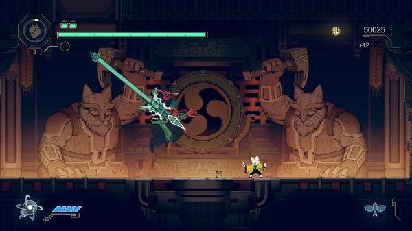 Nine Sols screenshot: A red-armored character wields a glowing sword, leaping toward a small figure in a temple with cat statues.