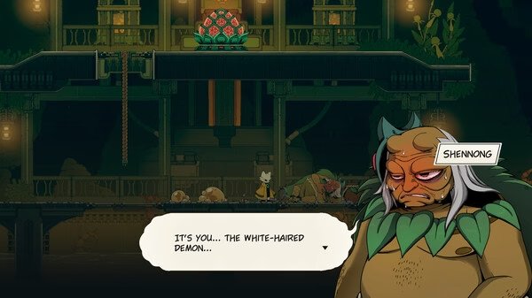 Screenshot from Nine Sols showing a character confronting Shen Nong in a dimly lit room with a glowing red lotus above.