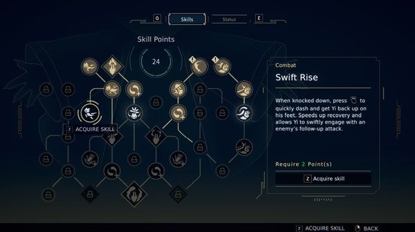 Screenshot from Nine Sols game showing skill tree interface with various skill icons and descriptions.