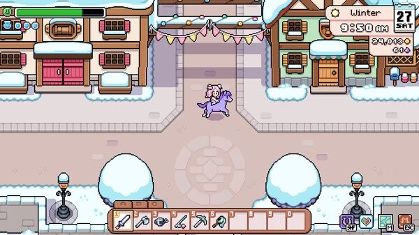 Fields of Mistria screenshot: A player rides a purple llama through a snowy village, with tools visible in the inventory bar below.