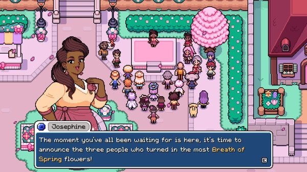 Screenshot from Fields of Mistria showing a character named Josephine addressing a crowd in a colorful town square.