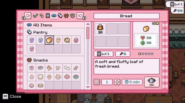 Screenshot from Fields of Mistria showing the inventory menu with a description of a bread item and its effects on the player.