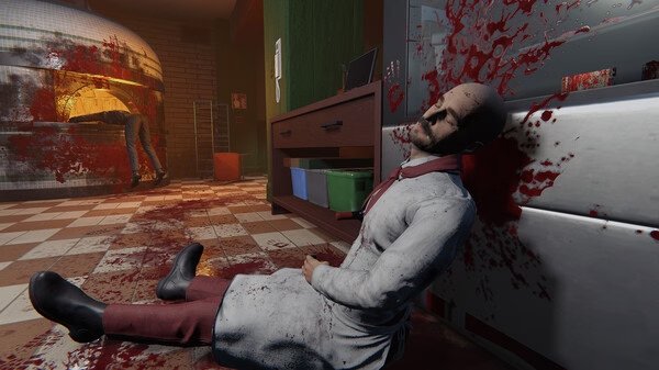 Screenshot from Crime Scene Cleaner game shows a bloodied crime scene with a deceased man leaning against a fridge in a chaotic room.