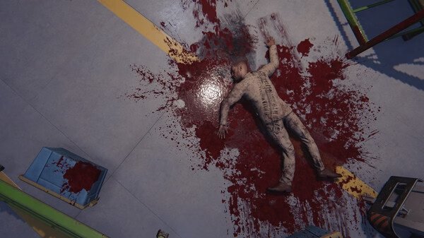 Screenshot from Crime Scene Cleaner game showing a crime scene with a body lying in a pool of blood, surrounded by scattered items.