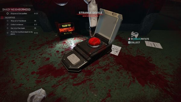 Crime Scene Cleaner screenshot: A strange device with a red button sits among blood stains and debris in a shady neighborhood scene.