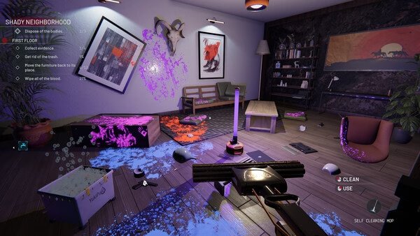 Screenshot from 'Crime Scene Cleaner' showing a living room with scattered trash and blood stains. A cleaning kit is visible.