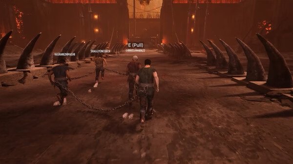 Screenshot from the game Chained Together showing four players chained together, navigating a spike-lined pathway in a dim, fiery environment.