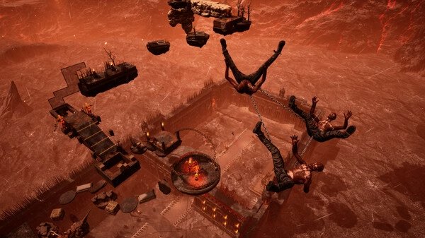 Screenshot from 'Chained Together': Two characters are chained together, suspended above a fiery, obstacle-filled arena.