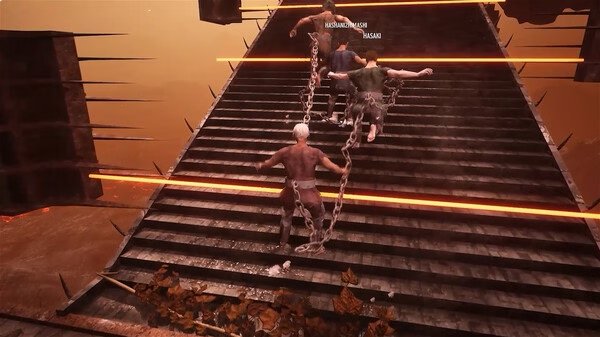 Screenshot from 'Chained Together': four players, linked by chains, race up a spiked stairway with glowing red lines.