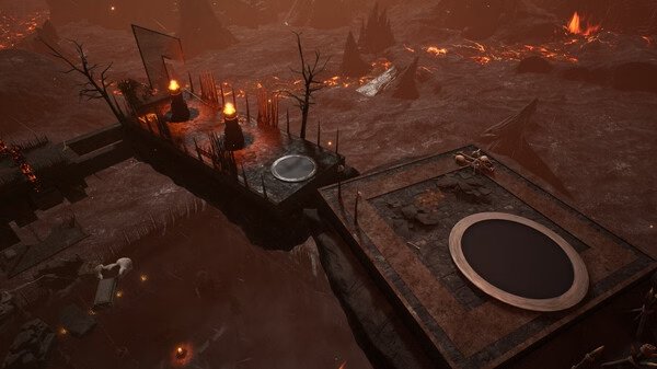 Screenshot of 'Chained Together' game showing a lava-filled landscape with platforms connected by chains and barren trees.