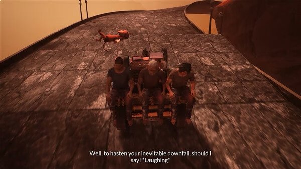 Chained Together screenshot: Three characters seated on a rocky path, with a dog nearby. Subtitles show dialogue about "inevitable downfall".