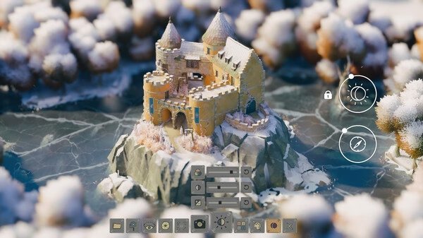 Screenshot from Tiny Glade showing a detailed medieval castle on a snowy cliff, surrounded by icy waters and snowy trees.
