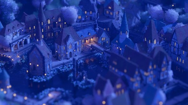 Screenshot of Tiny Glade showcasing a serene village at night, with illuminated buildings and peaceful water reflections.