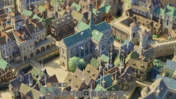 Screenshot from Tiny Glade showing a detailed medieval village with houses, a large building, and stone walls under a sunny sky.