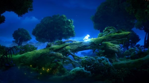 Screenshot of Ori and the Will of the Wisps featuring Ori on a moss-covered tree branch surrounded by a glowing forest at night.