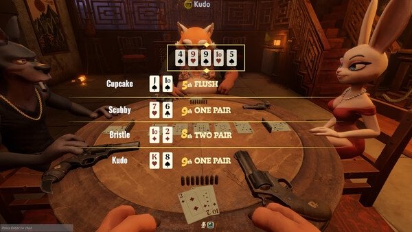 Screenshot from Liar's Bar: Anthropomorphic characters play poker at a round table, cards and guns visible, showing hand rankings.