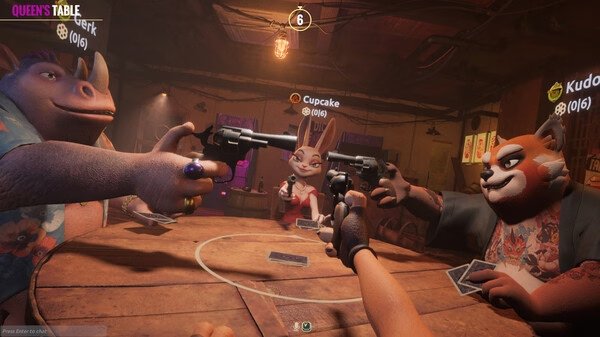 Screenshot from Liar's Bar game showing characters playing cards around a wooden table, each holding a gun.