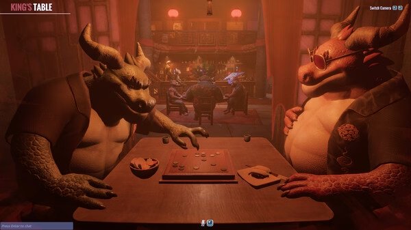 Screenshot from Liar's Bar game showing two dragon-like creatures playing a board game at a table in a dimly lit bar.