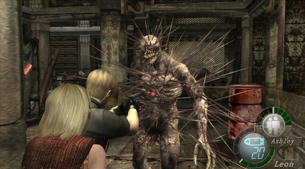 Leon and Ashley face a spiked enemy in a combat scene from Resident Evil 4 (2005). Screenshot shows tense action in a gritty environment.