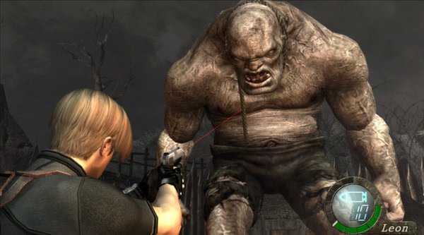Resident Evil 4 (2005) screenshot: Leon aims a laser-sighted gun at a towering, menacing creature in a dark, eerie setting.