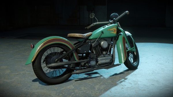 Screenshot from Mafia: Definitive Edition showing a detailed, vintage green motorcycle parked indoors.