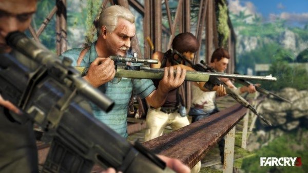 Far Cry 3 screenshot showing three characters holding rifles on a wooden bridge surrounded by lush green jungle scenery.