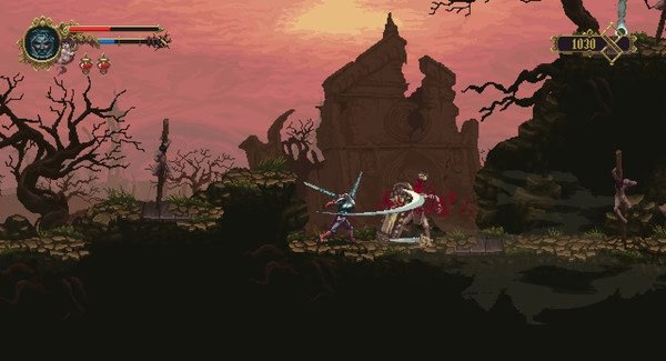 Blasphemous screenshot: A warrior battles a grotesque enemy with a sword in a dark, eerie landscape under a red sky.