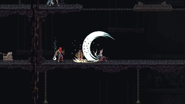 Blasphemous screenshot: The Penitent One attacks an armored enemy with a crescent-shaped slash on a dark, platform-filled stage.