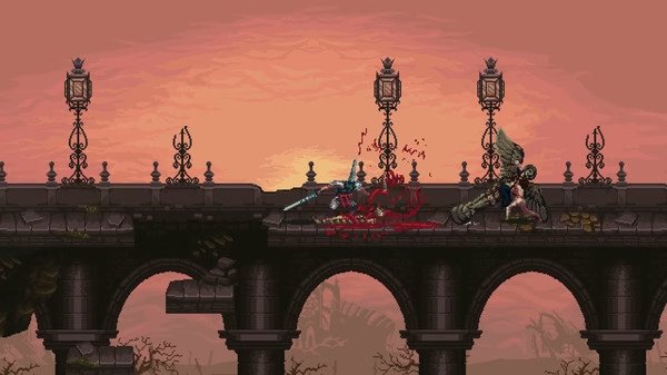 Blasphemous screenshot: A warrior battles a winged enemy on a crumbling bridge under a fiery sunset sky.