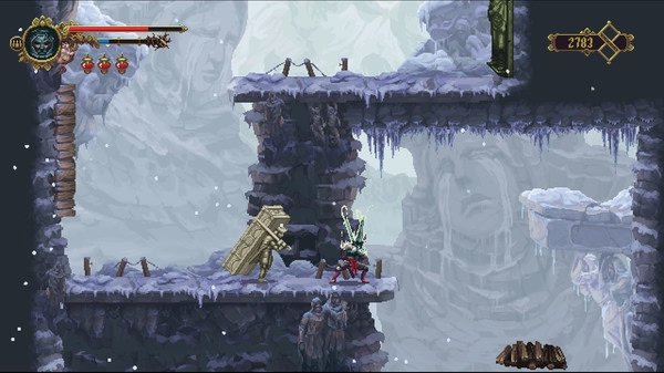 Blasphemous screenshot: A character in a snowy, rocky landscape stands ready with a sword, facing a wooden enemy.