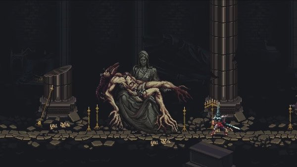 Blasphemous screenshot: The Penitent One faces a monstrous figure held by a statue amidst dark columns and candles.